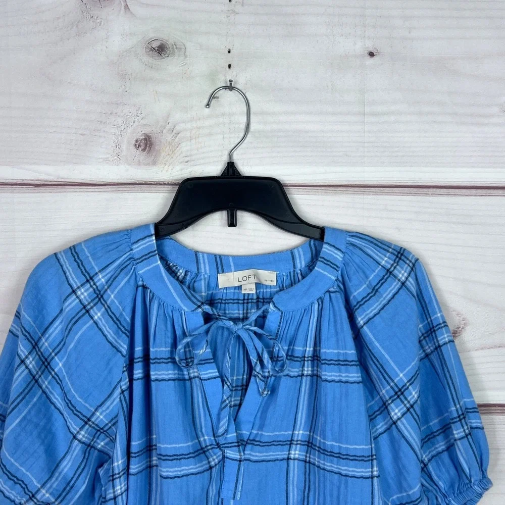 LOFT Top Womens PM Blue‎ Plaid Blouse Puff Sleeve Tie Neck Cotton Pullover Woven